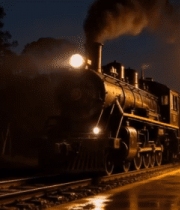 夜晚蒸汽火车行驶在铁轨上14393#横屏 