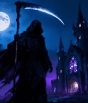 夜晚死神持镰刀站在古堡前8231#横屏 