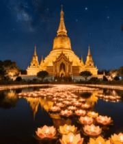 夜晚寺庙前水面漂浮莲花灯3625#横屏 