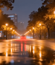 夜晚雨中街道行驶的汽车11027#横屏 