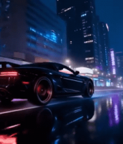 夜晚城市街道行驶的黑色跑车13364#横屏 