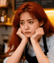 咖啡店红头发女店员托腮7578#横屏 