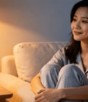 居家女性坐沙发旁的智能设备12347#横屏 