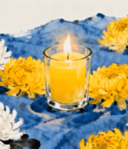 菊花旁燃烧的玻璃蜡烛11031#横屏 