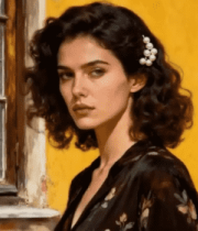 卷发女子着花衣倚靠墙边12222#横屏 