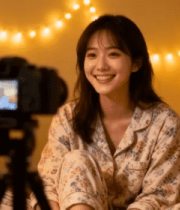 居家女性对着相机微笑录制1952#横屏 