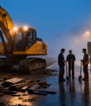 夜间工地工人与工程机械作业2833#横屏 