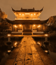 夜间中式古建筑水景画面7654#横屏 