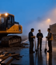 夜间道路施工工人与机械1618#横屏 