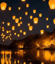 夜湖上空放飞的孔明灯11592#横屏 
