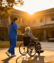 养老院护工推坐轮椅老人散步14097#横屏 