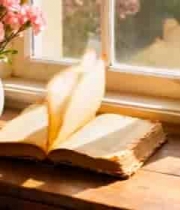 窗边木桌上翻开的书籍与鲜花1581#横屏 