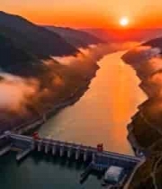 大坝河流山间日出全景3601#横屏 