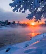 冬日河边村庄雪景日落2914#横