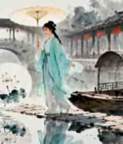 古风女子撑伞漫步江南水乡2151#横屏 