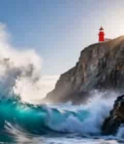 海边悬崖上的红色灯塔与海浪4391#横屏 