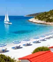 海滨沙滩与海上帆船景观5179#横屏 