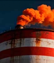 红白相间烟囱排放橙色烟雾4216#横屏 