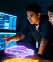 男女科技工作者查看虚拟汽车5057#横屏 