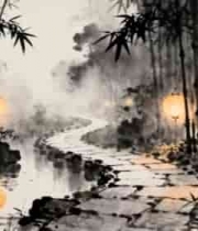 水墨竹林灯笼小路场景素材2940#横屏 
