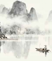 水墨山水江上泛舟画面2096#横屏 