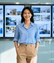 青年女性站立办公场所微笑9844#横屏 