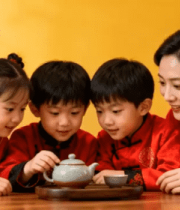 亲子穿传统服饰围坐品茶画面11928#横屏 