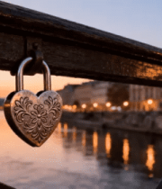 桥上爱心锁与河景日落9251#横屏 