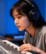 女性在录音室操作调音台9185#横屏 