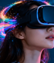 女性佩戴眼镜体验虚拟现实(3)12099#横屏 