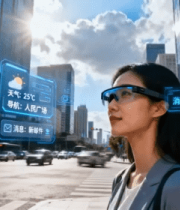 女性佩戴智能眼镜于城市街道7472#横屏 