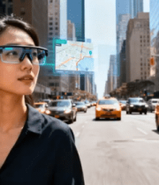 女性街头佩戴智能眼镜13214#横屏 