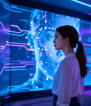 女性观看人工智能屏幕画面6571#横屏 