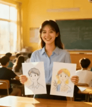 女教师教室展示学生绘画作品3184#横屏 