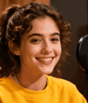 女孩在录音室对着麦克风微笑11340#横屏 