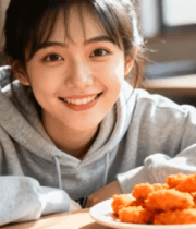 女孩微笑面对炸鸡美食7754#横屏 
