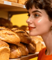 女孩在面包店挑选面包6620#横屏 
