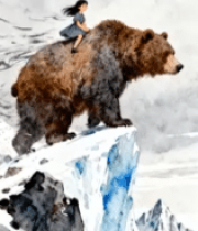 女孩骑棕熊立于雪山悬崖边3345#横屏 