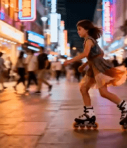 女孩街头轮滑穿梭人群12547#横屏 