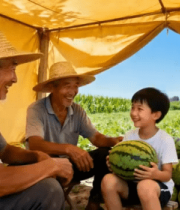 农民与小孩在瓜田休息场景8453#横屏 