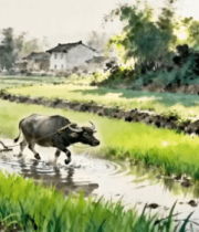 农民水田驱牛犁地场景9587#横屏 