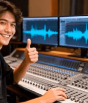 男子在录音室操作调音台9105#横屏 