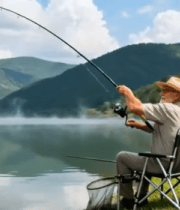 男子湖畔悠闲垂钓5490#横屏 