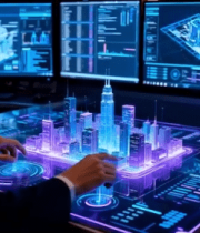 男子操作虚拟城市科技界面11141#横屏 