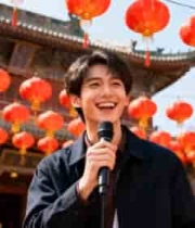 男子在灯笼古建筑前手持麦克风998#横屏 