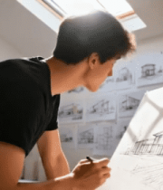 男子在工作室绘制建筑草图56#横屏 