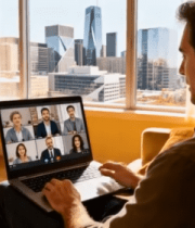 男子居家使用笔记本电脑视频会议14237#横屏 