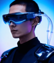 	 男子佩戴眼镜体验虚拟现实(1)3106#横屏 