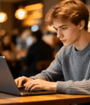 男子咖啡馆使用笔记本电脑9103#横屏 