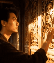 男子触摸古建筑雕花门窗11963#横屏 